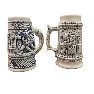 Set of 2 Vintage German Style Beer Stein Raised 3D Scene of A Couple